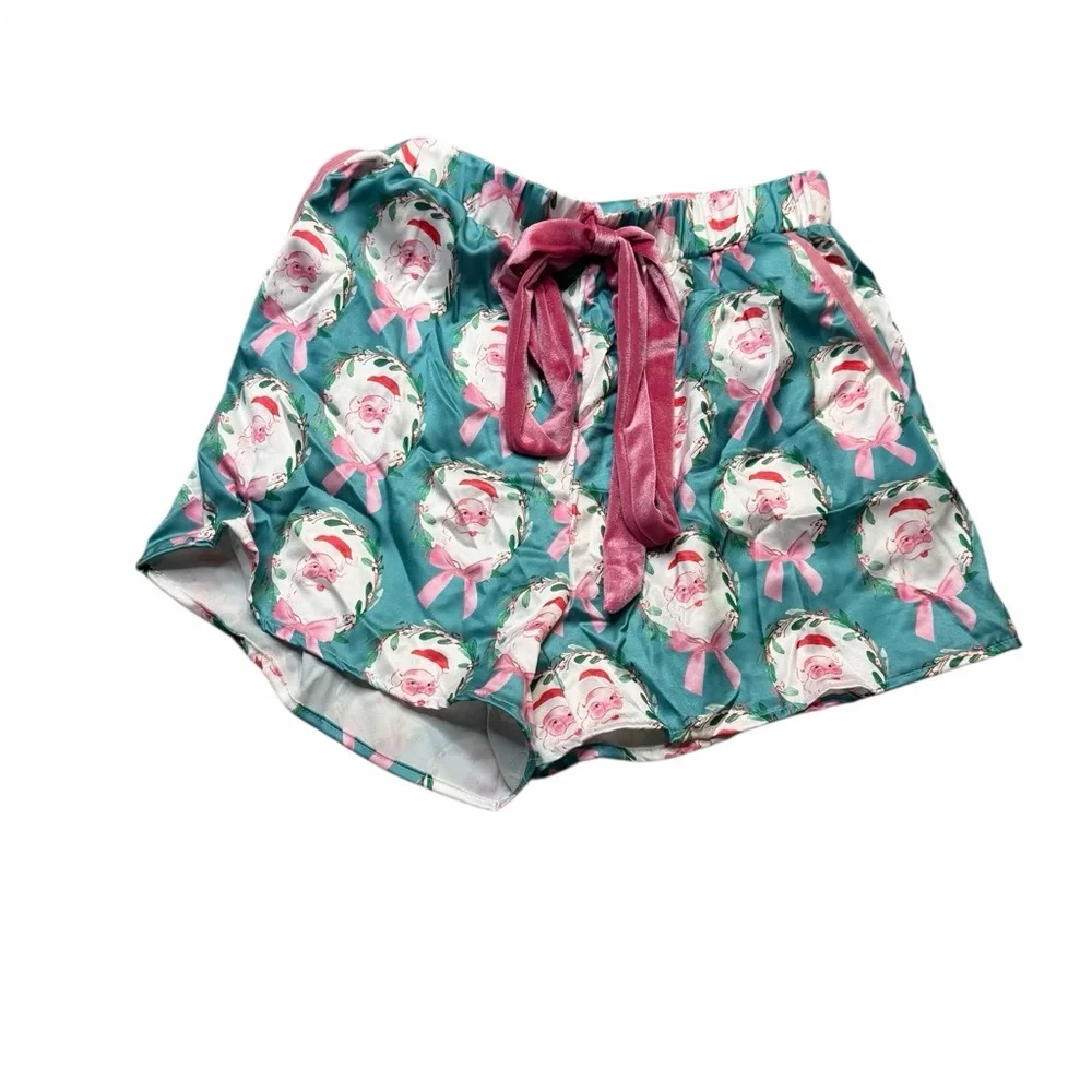 🎅✨ Christmas Santa Pajama Short Set w/ Velvet Bows‎ – Size Large NWT 🎁
